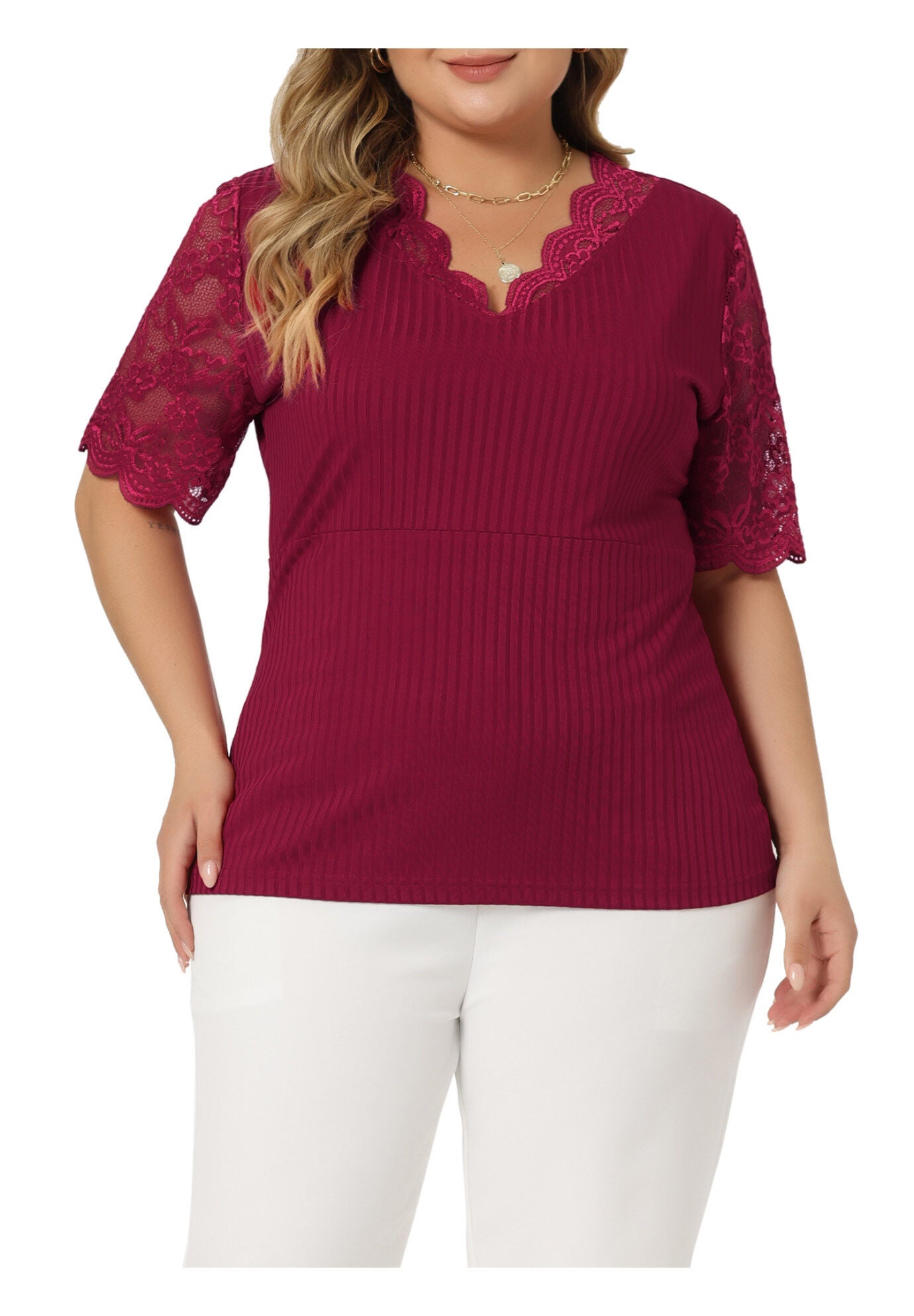 V Neck Short Sleeve Lace Ribbed Knit Tunic Top, Burgundy / Burgundy, alternate image number 2