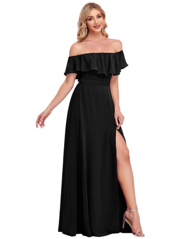 Women's Off Shoulder Ruffle Thigh Slit Bridesmaid Dresses, Black / Black, hi-res image number null