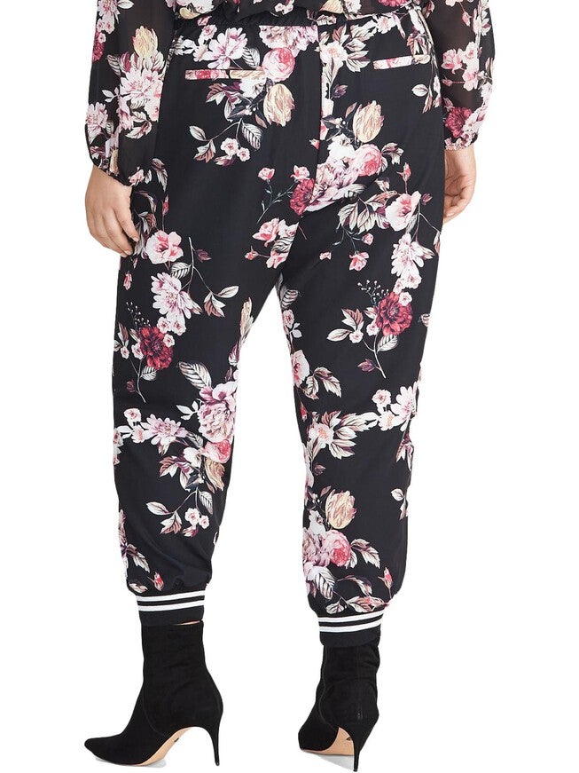 Rachel Roy Women's Eden Floral Print Contrast Trim Pants Black 0X, Black / Black, hi-res image number null