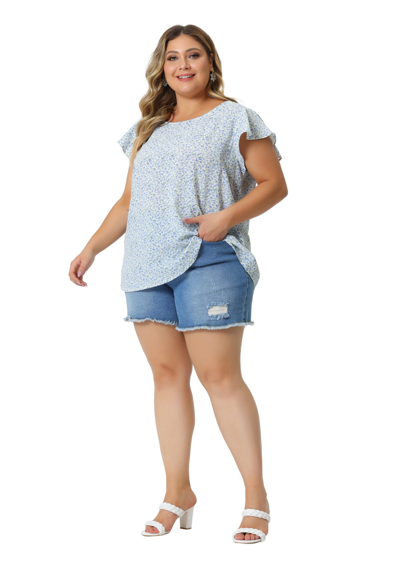 Summer Top Floral Round Neck Short Sleeves Ruffle Blouse, Blue Green / Azure Blue, hi-res image number 0