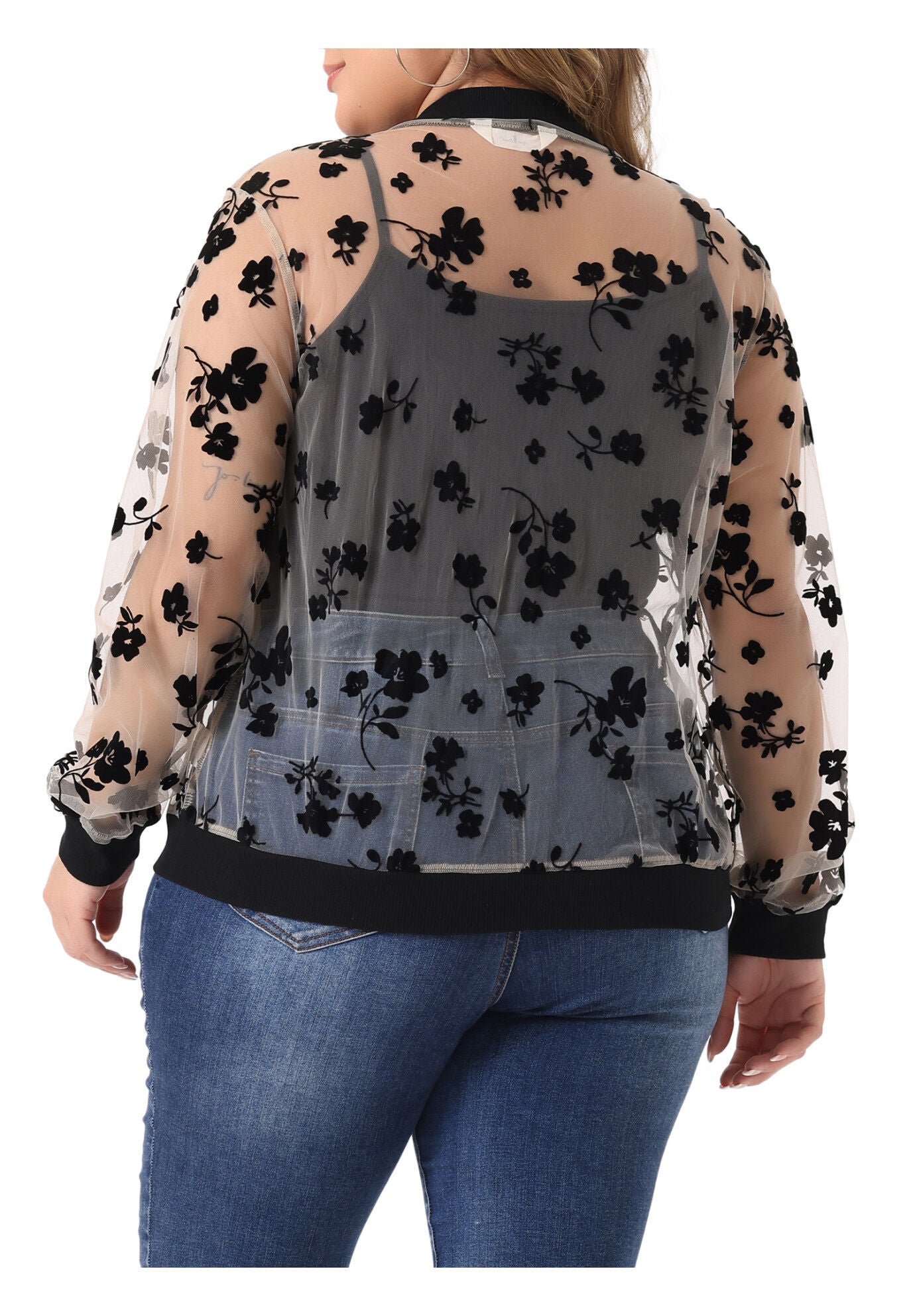 SHEER FLORAL LACE LONG SLEEVE BASEBALL JACKET, Apricot / Cream, alternate image number 3