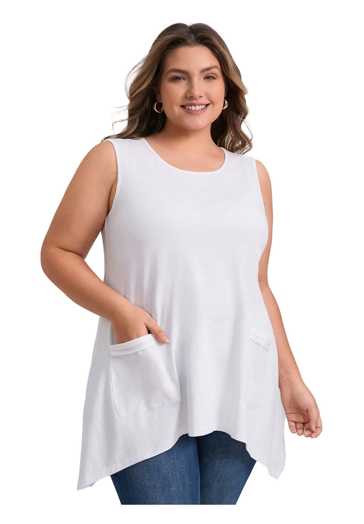 Sleeveless Hanky Asymmetrical Hem Loose Fit Flowy Tank Top with Pockets, White / White, hi-res image number 0