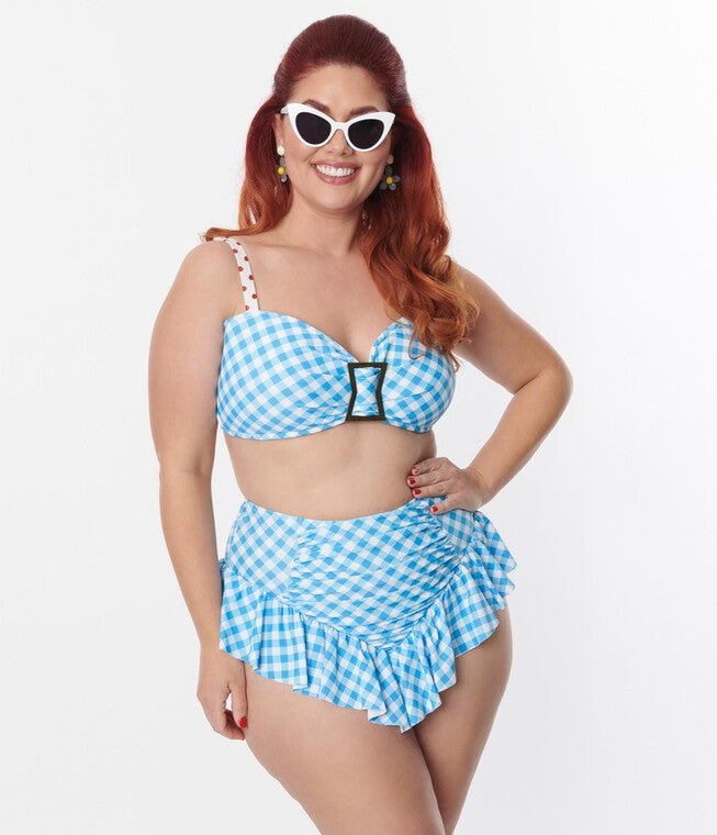 Unique Vintage Blue Gingham Ruffle High Waist Swim Bottom, , alternate image number null
