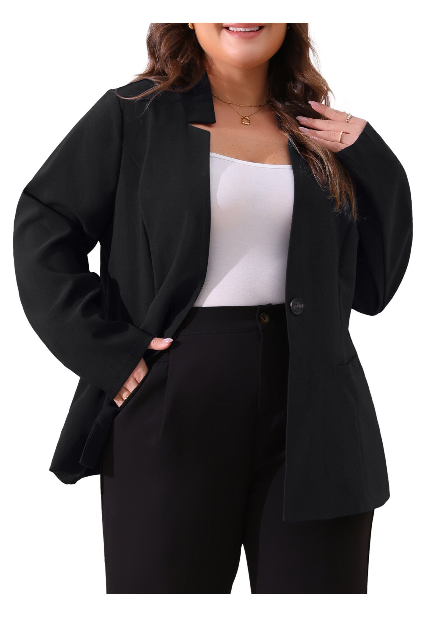 OFFICE WORK BUTTON LONG SLEEVE BLACK BLAZER, Black / Black, alternate image number 2