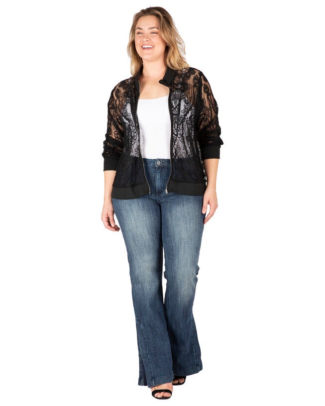 Plus Size Aria Women's Peek-A-Boo Lace Bomber Jacket, , alternate image number 8