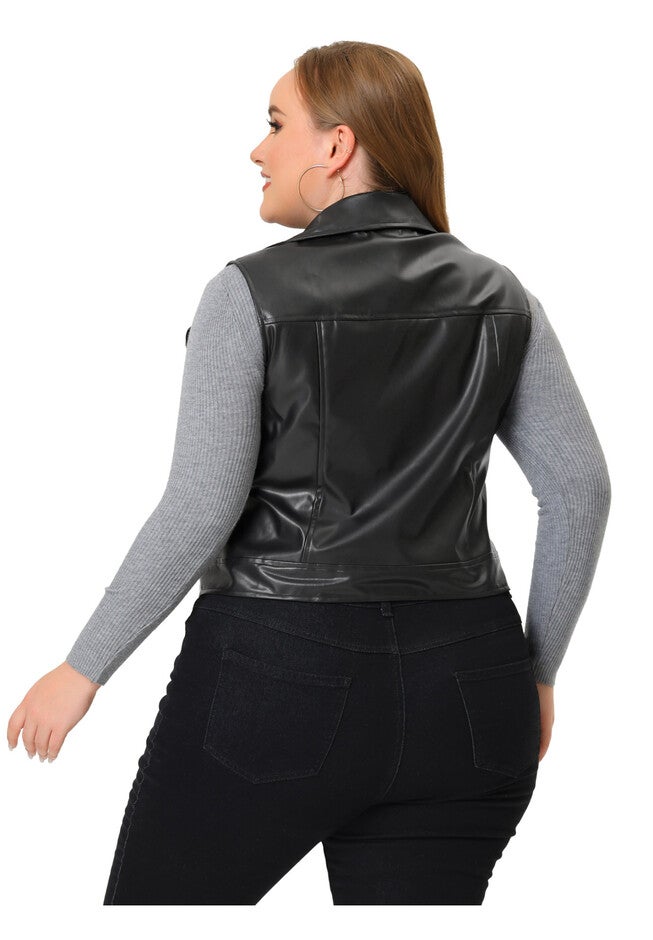 NOTCH LAPEL ZIPPER CLUB MOTORCYCLE FAUX LEATHER VEST, Black / Black, alternate image number 3