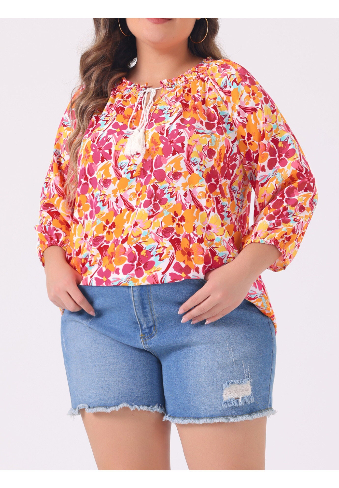 Floral Loose Top Tie 3/4 Sleeve Beach Tunic Blouse, Orange / Orange, alternate image number 1