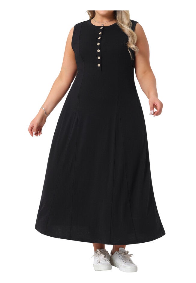 Summer Sleeveless Button A Line Tank Maxi Dress with Pockets, Black / Black, alternate image number 3