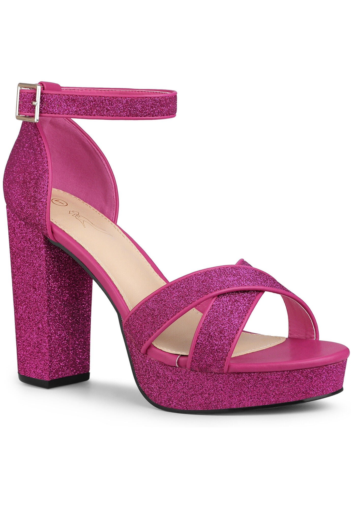 Glitter Platform Crisscross Strap Chunky Heels Sandals, Hot Pink / Deep Fuchsia, hi-res image number 0