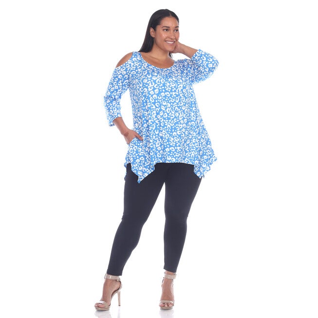 Leopard Cold Shoulder Tunic Top, Blue Leopard / Dusty Blue, alternate image number 3