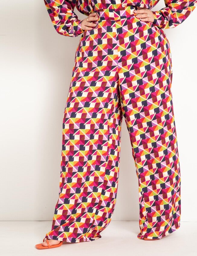 Printed Wide Leg Pant, Colorful Checkers / Red, alternate image number null