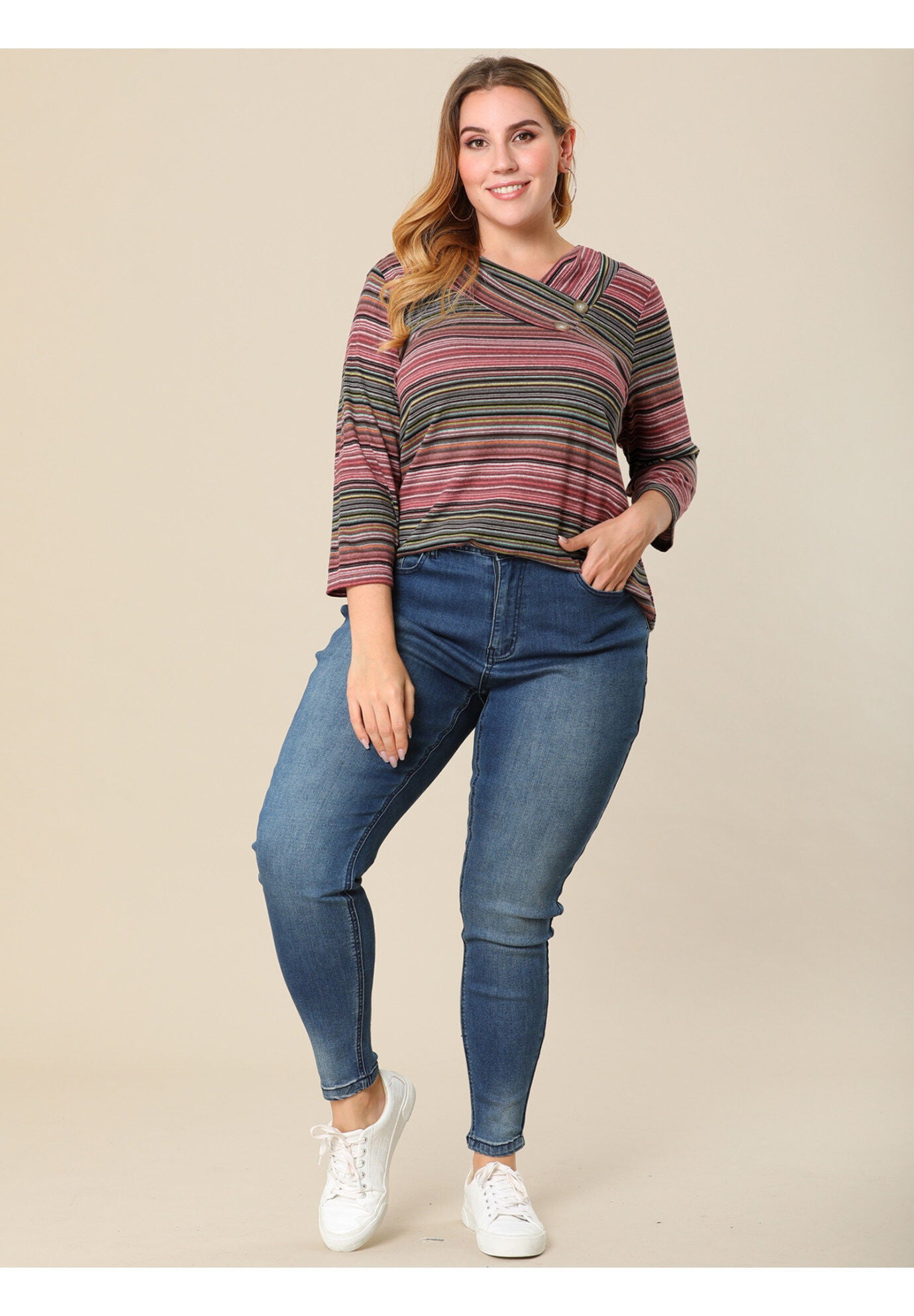 Stripe 3/4 Sleeve Tunic V Neck Knit Blouse, Red / Red, alternate image number 1