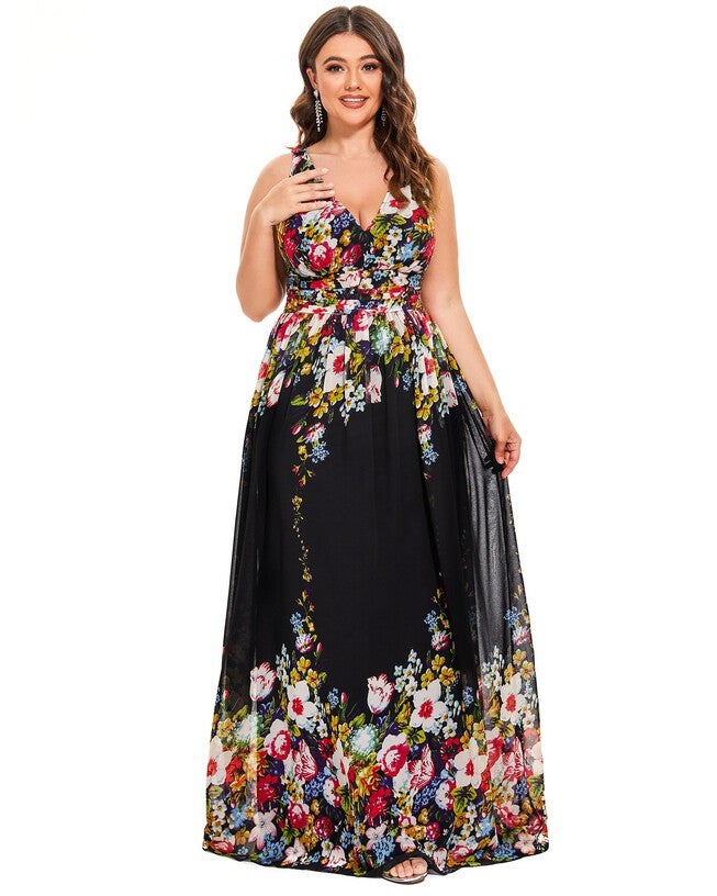 Pleated Sleeveless V-Neck Chiffon Maxi Dress, Black and Printed / Black, alternate image number null
