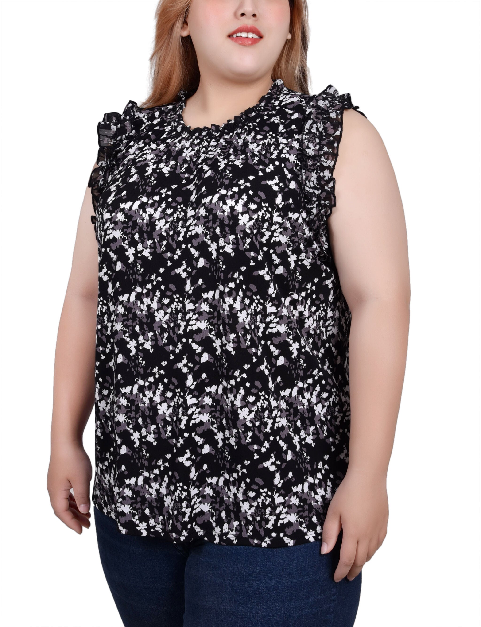 Sleeveless Crepe Top With Chiffon Ruffles, Black Grey Floral / black, alternate image number 2