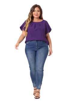Round Neck Pleated Top Tulip Sleeves Blouse Top