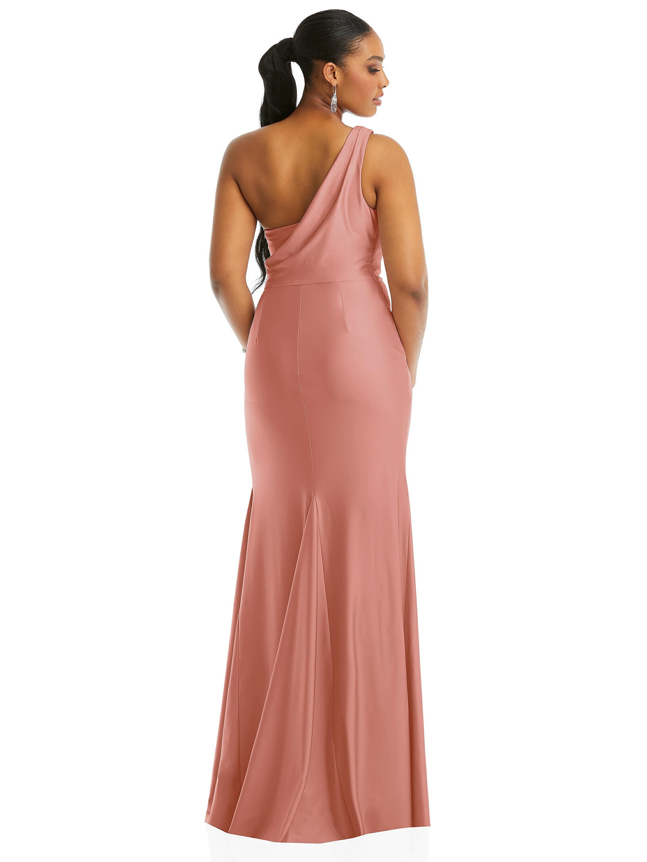 One-Shoulder Asymmetrical Cowl Back Stretch Satin Mermaid Dress, Desert Rose / Peach, alternate image number 3