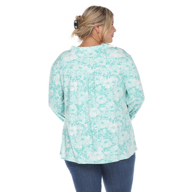 Pleated Long Sleeve Floral Print Blouse, Mint / Mint, alternate image number 1