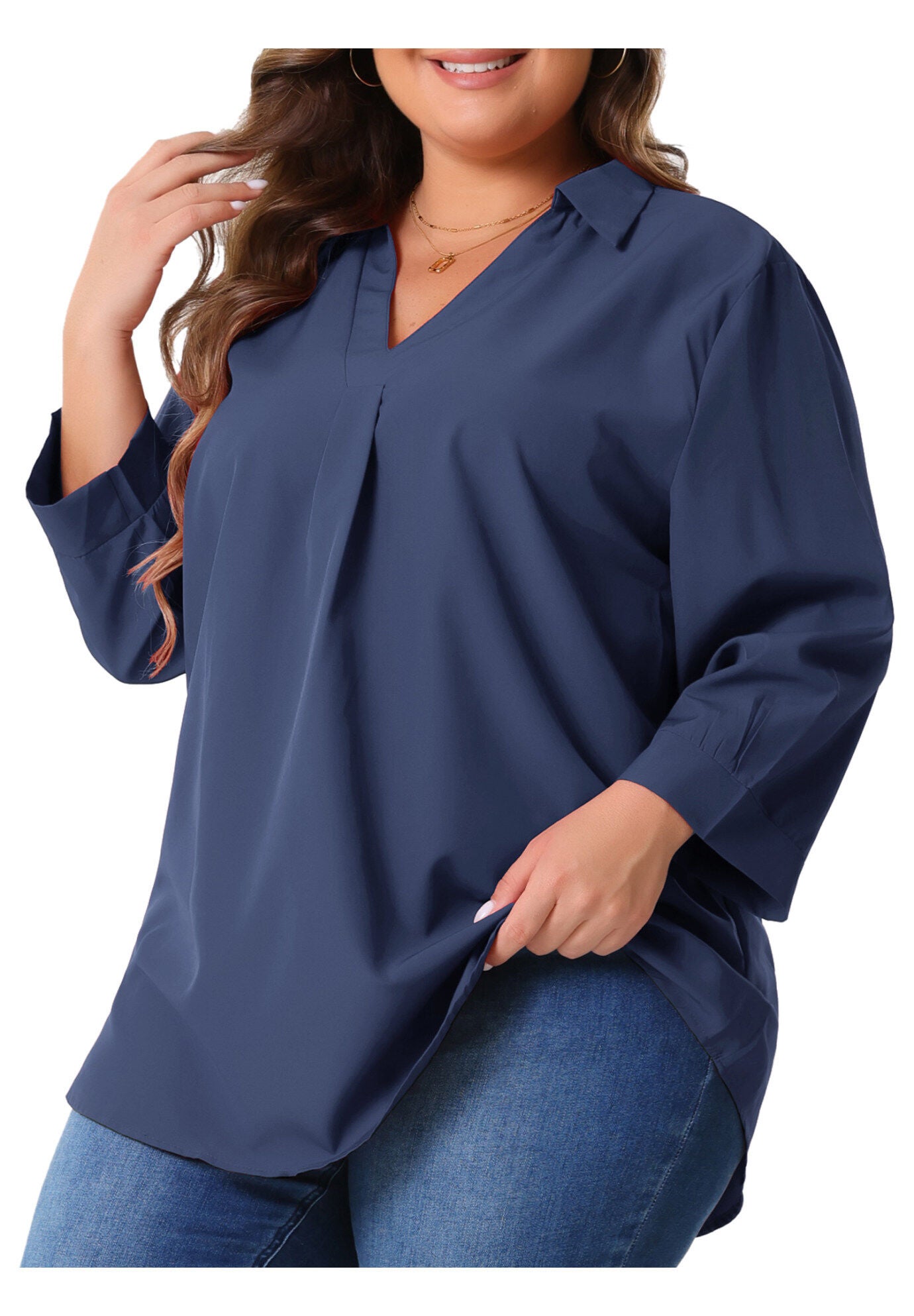 V Neck 3/4 Sleeve Flowy Blouse Work Chiffon Shirt, Dark Blue / Navy, alternate image number 1