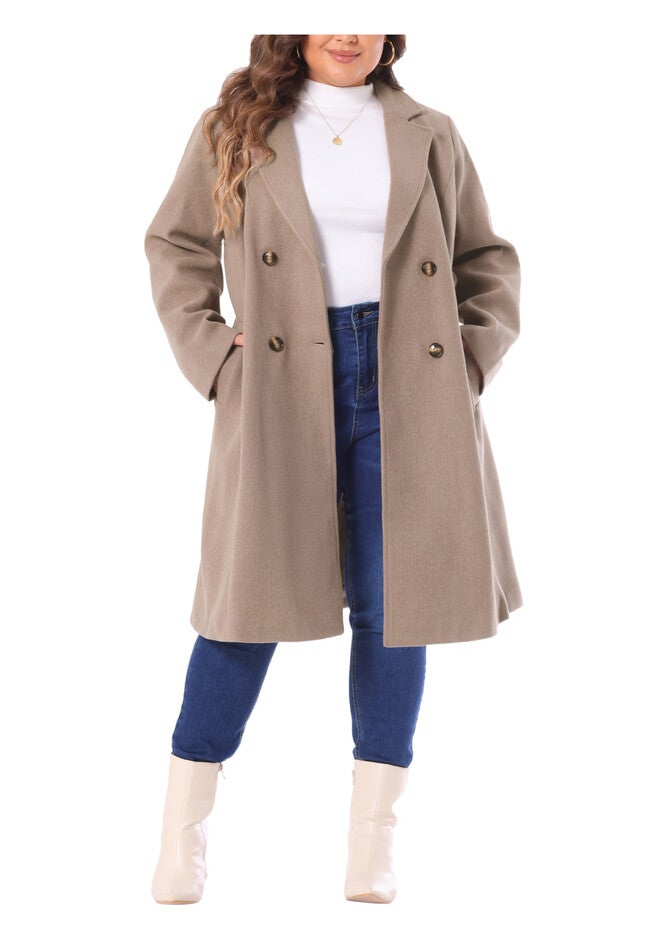 NOTCHED LAPEL WINTER WARM DOUBLE BREASTED LONG COAT, Light Brown / Brown, alternate image number 1
