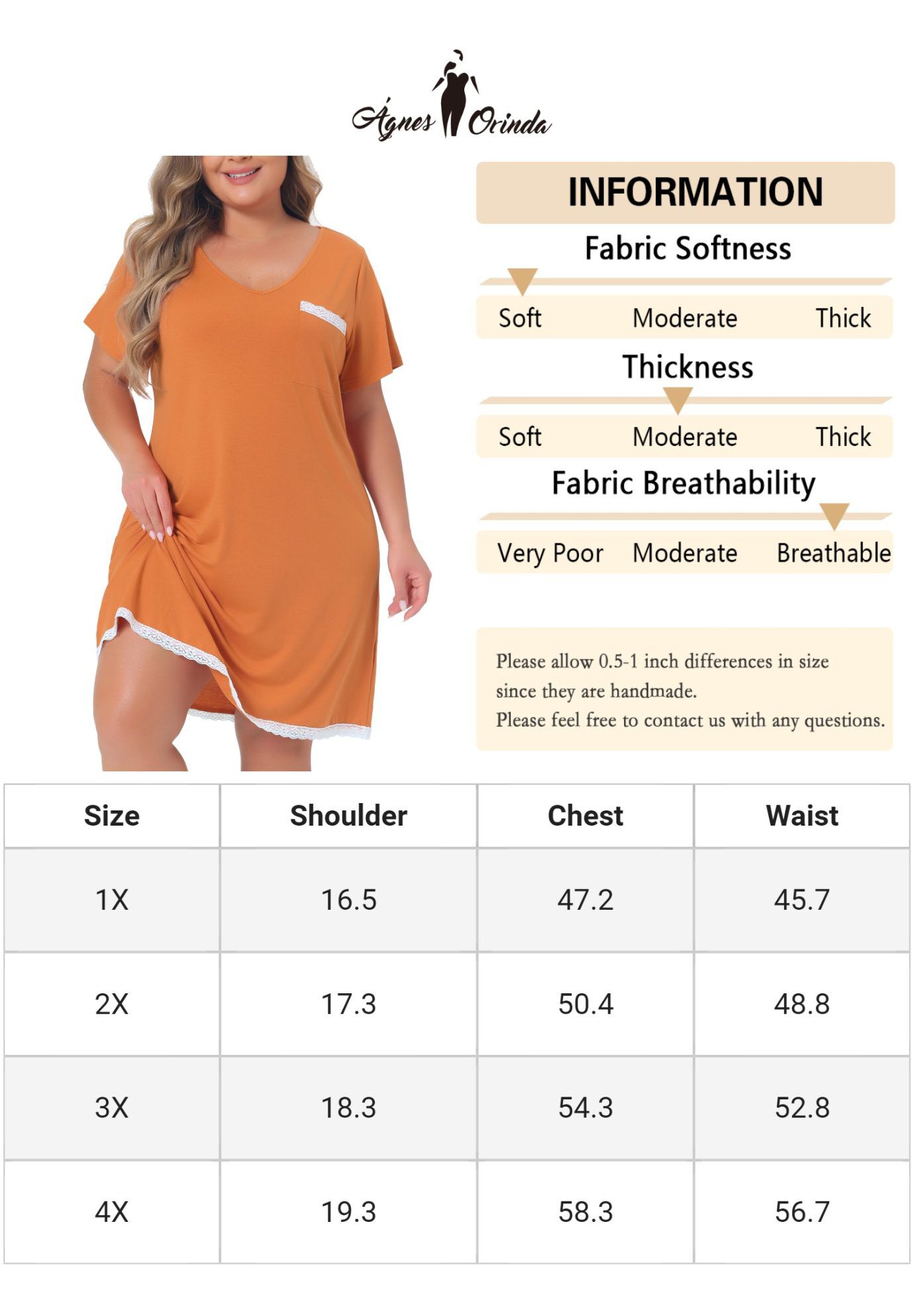 Short Sleeve Lace Trim Pajama Nightshirt, Orange / Orange, alternate image number 4