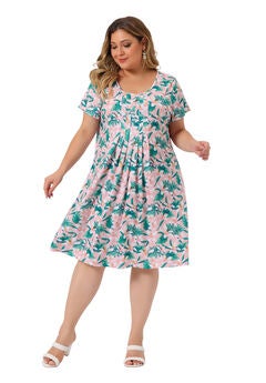 Short Sleeves Pleated Summer Beach Casual Loose Floral Dress