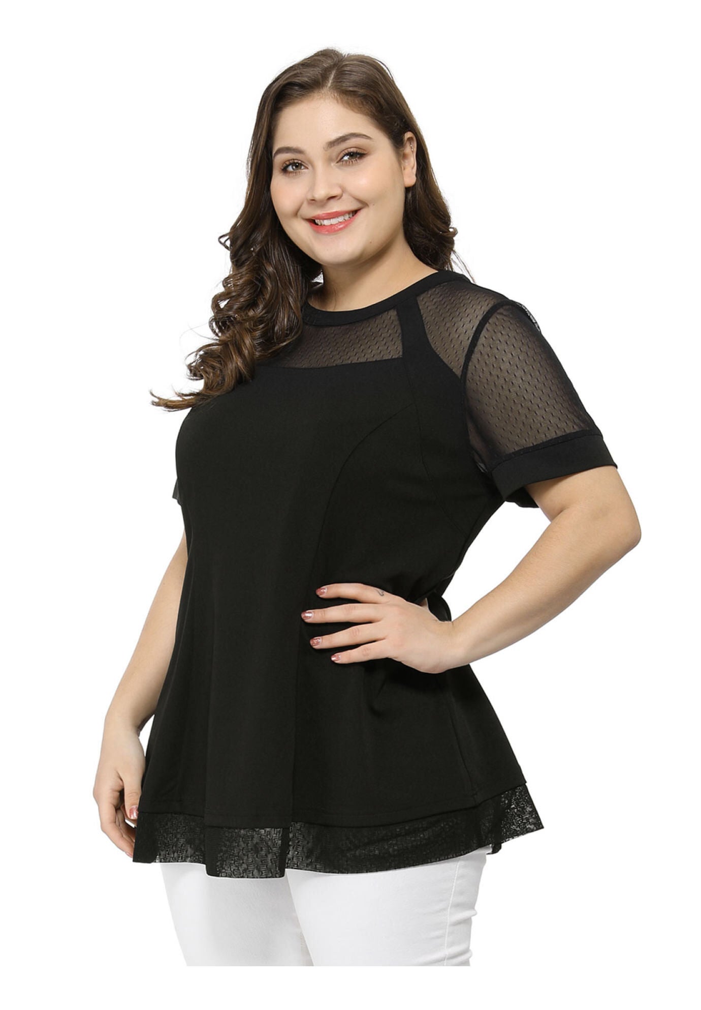 ROUND NECK SHORT SLEEVE MESH SHEER SUMMER PEPLUM TOP, Black / Black, alternate image number 3