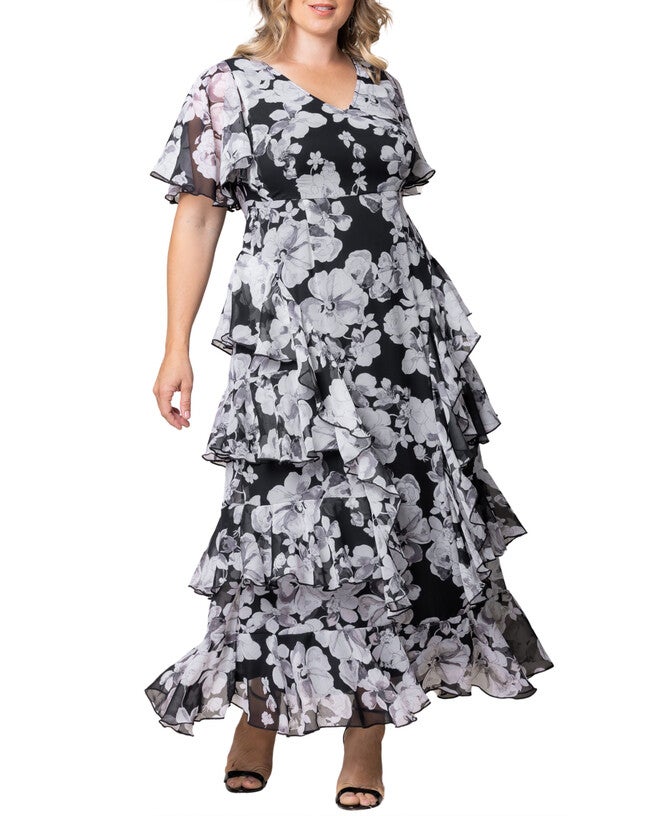 Tour de Flounce Chiffon Evening Gown, GRAYSCALE BLOOMS / Black, hi-res image number 0