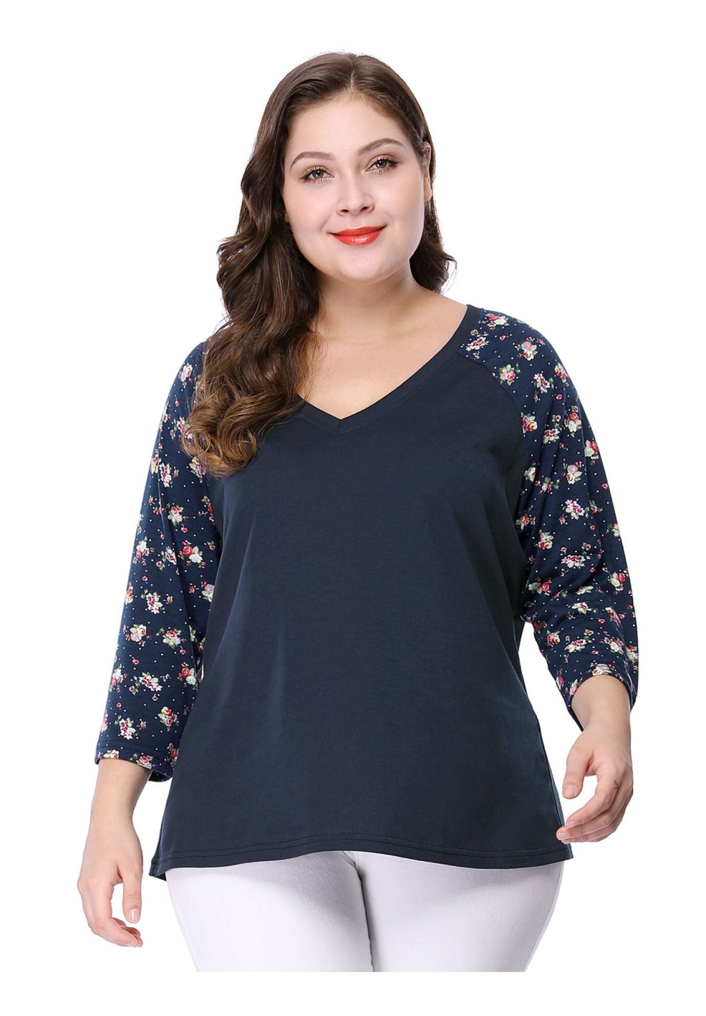 Casual V Neck 3/4 Sleeve Floral Raglan Top, Blue / Navy, alternate image number 3