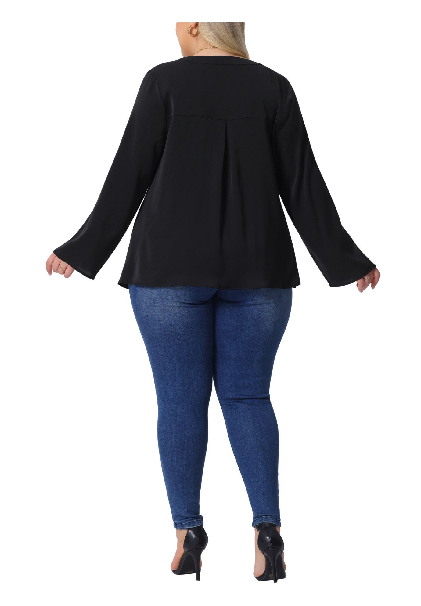 V Neck Rolled Up Sleeves Pleated Back Shirt Chiffon Top, Black / Black, alternate image number 3