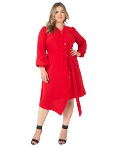 Standards & Practices Asymmetrical Hem Button-Up Wrap Lantern Sleeve Dress