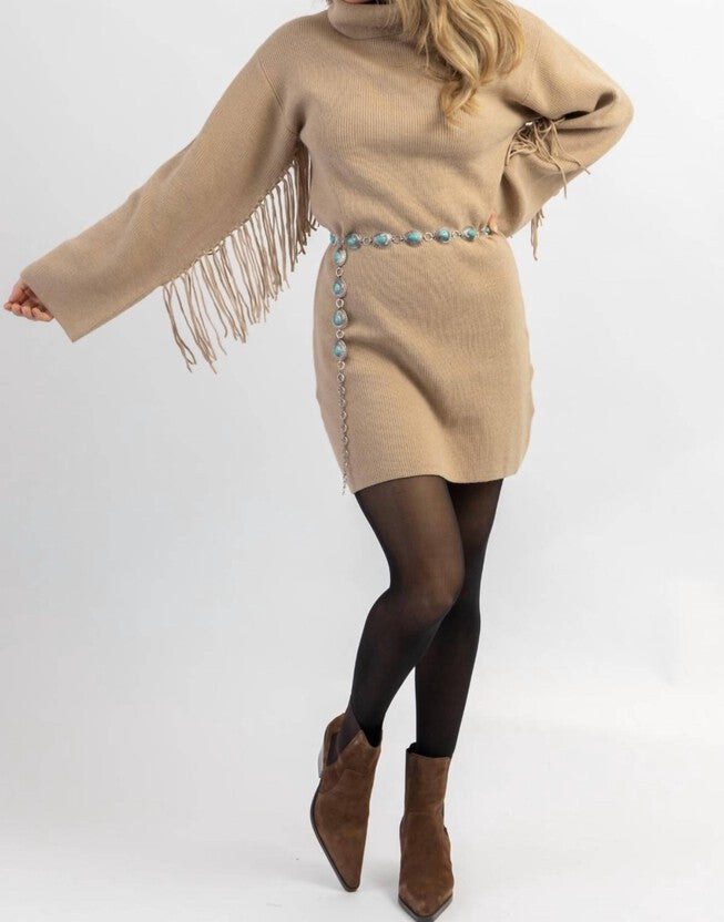 CHARLEY FRINGED SWEATER DRESS IN TAN, Tan / Beige, hi-res image number 0