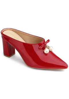 Pointed Toe Pearl Bow Chunky Heel Slide Mules