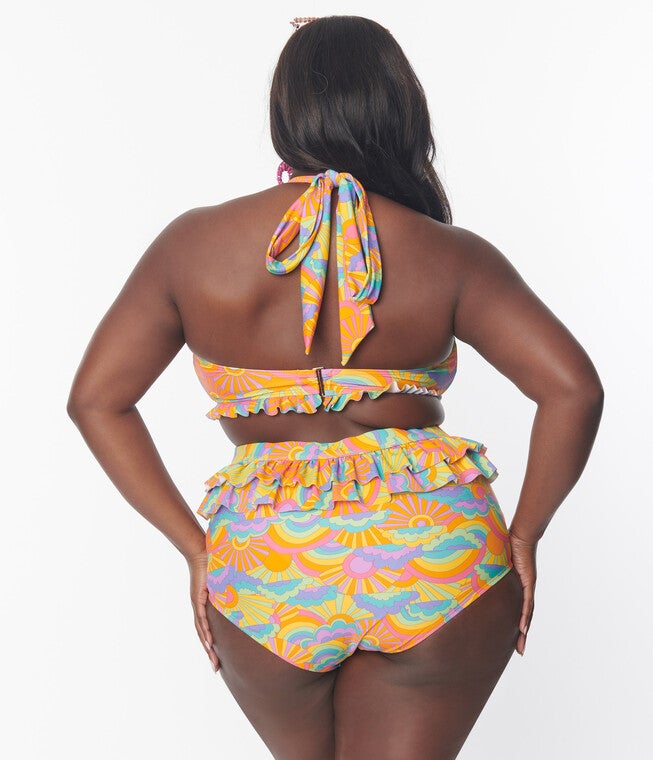 UNIQUE VINTAGE HAPPY GROOVY RAINBOW RUFFLE SWIM BOTTOM, Happy Groovy Rainbow / Orange, alternate image number null