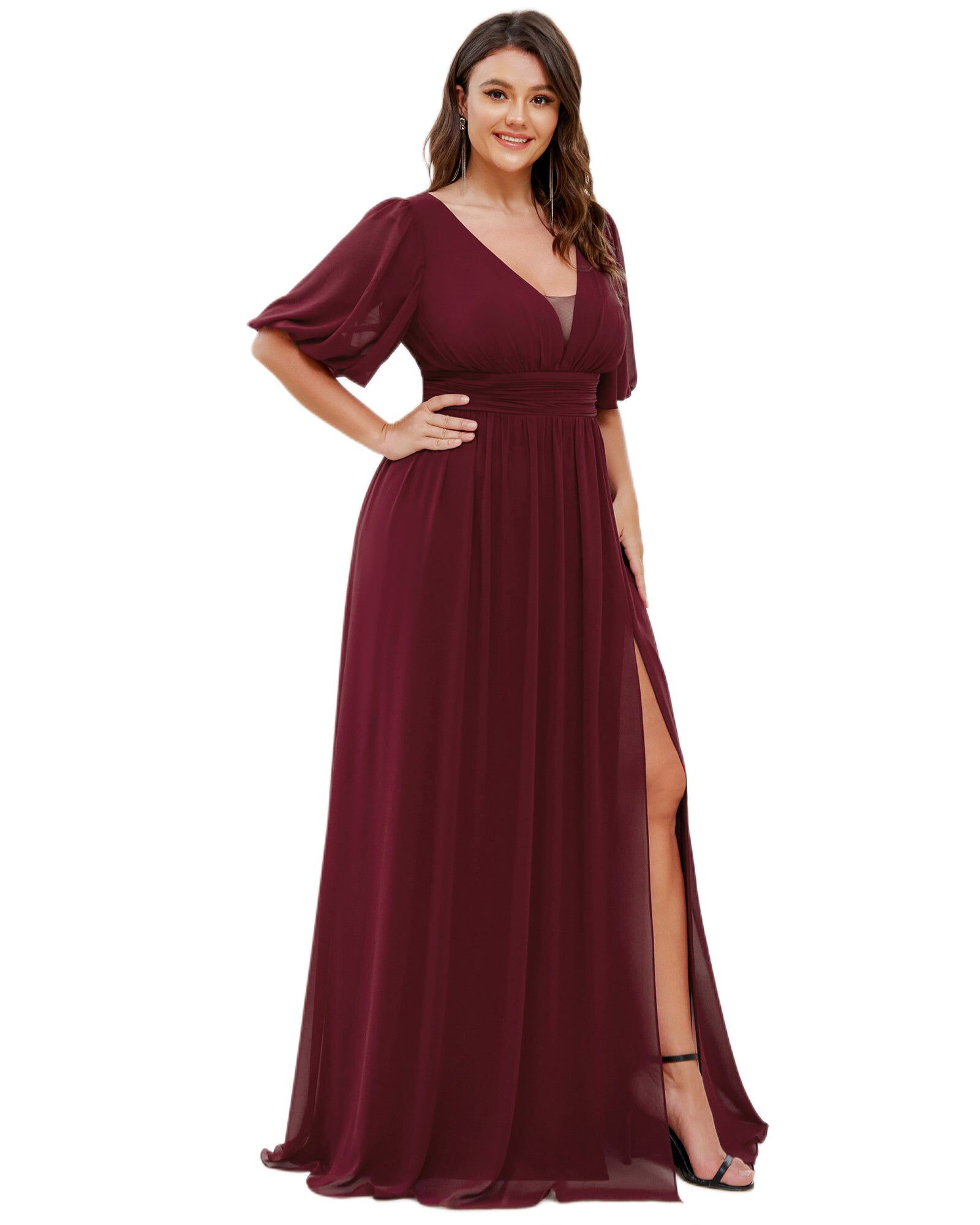 Chiffon Illusion V-Neck Flutter Sleeve Front Slit Evening Dress, Burgundy / Burgundy, alternate image number 4