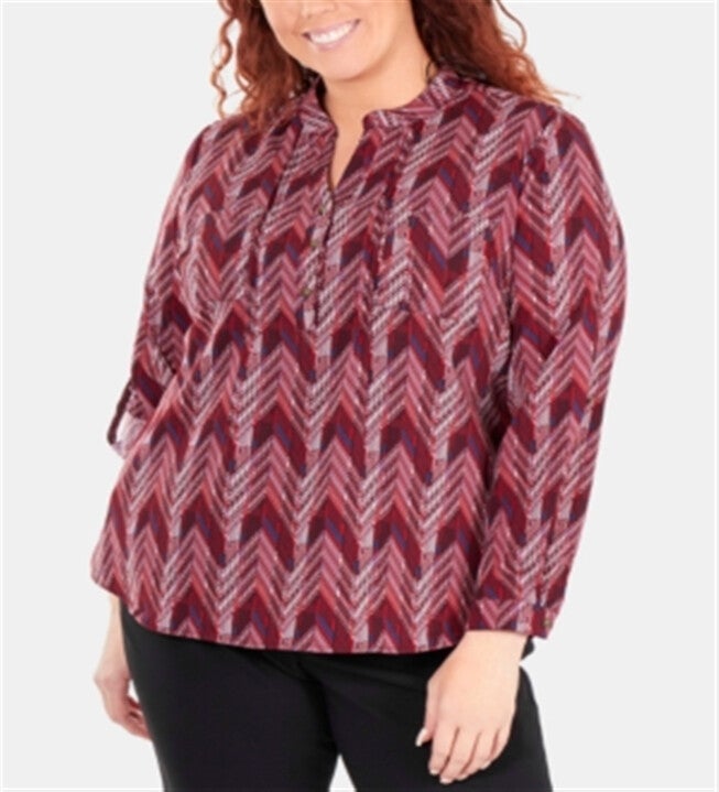NY Collection Women's Plus Printed Band Collar Shirt Pink Size 1X, Pink / Pink, hi-res image number null