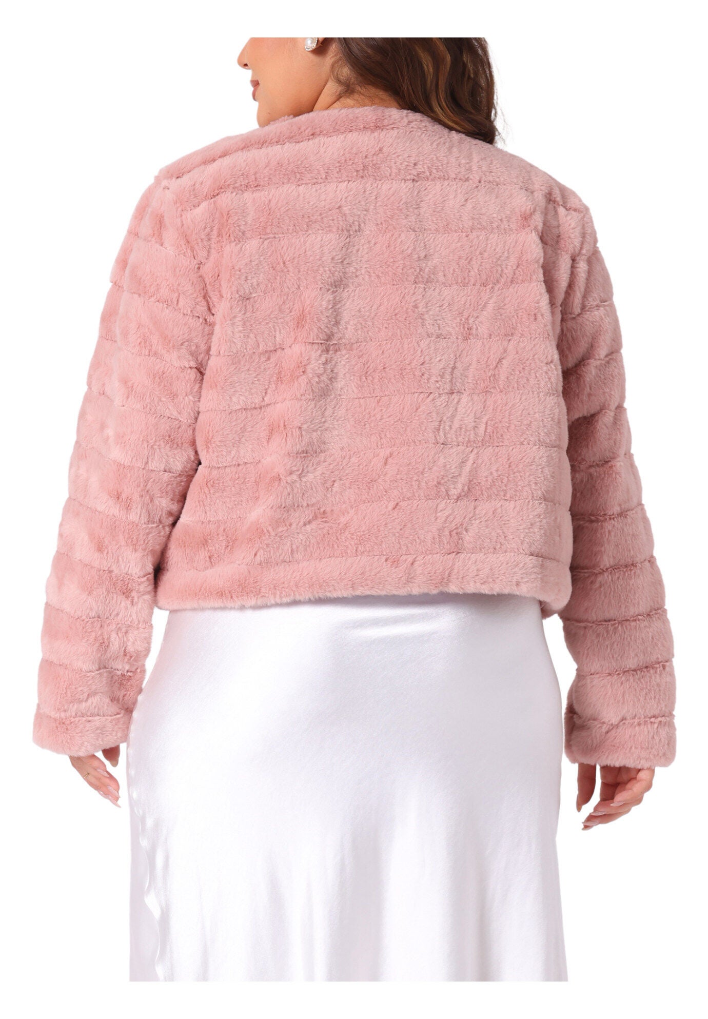 OPEN FRONT CROPPED FAUX FUR WINTER FLUFFY JACKET, Pink / Pink, alternate image number 3
