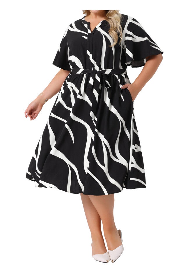 Short Sleeve Notched V Neck Tie Waist Print Dress with Pockets, Black / Black, alternate image number 2