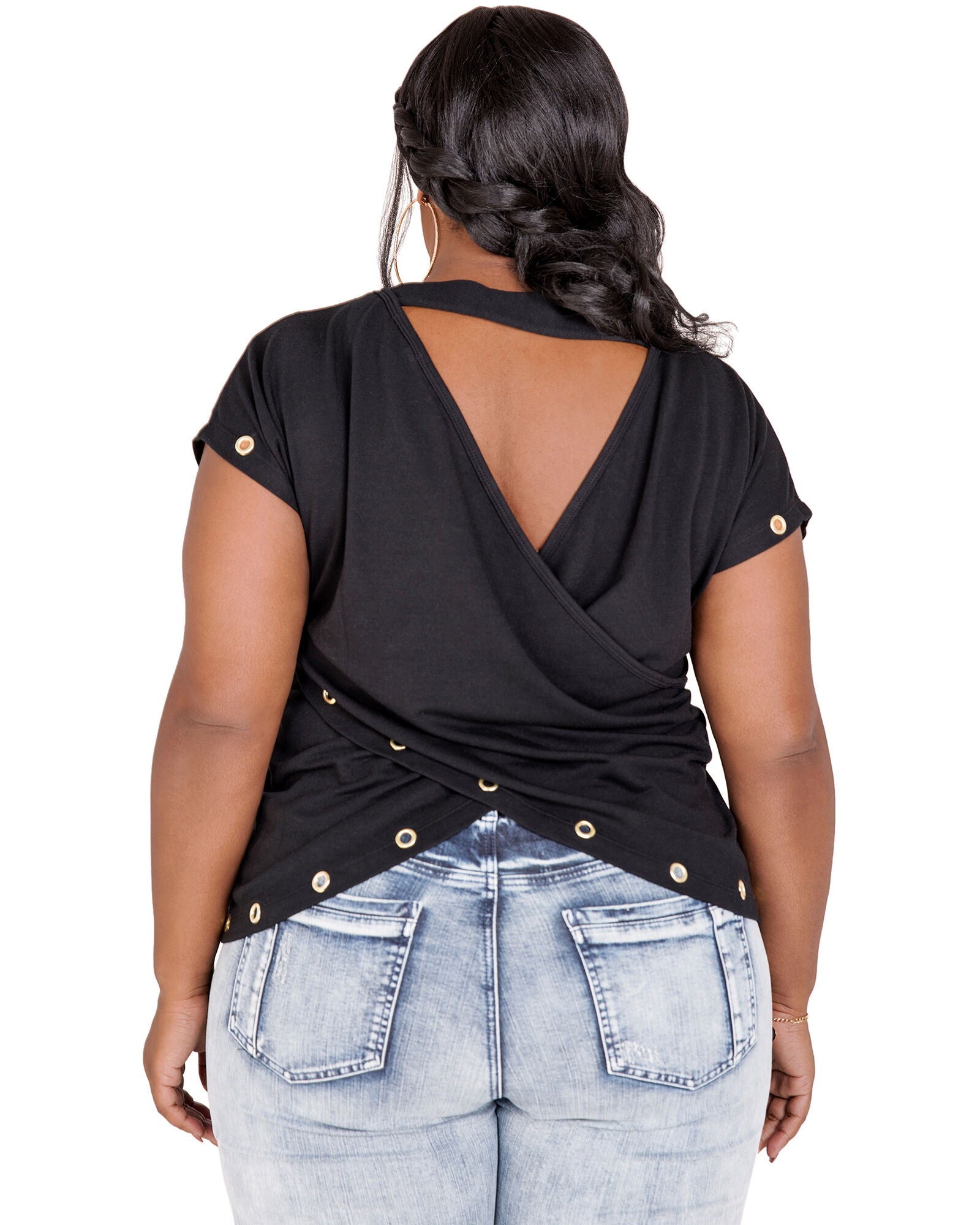 Plus Size Kira V-Back Cut Out T-Shirt With Grommets, Black / Black, alternate image number 3