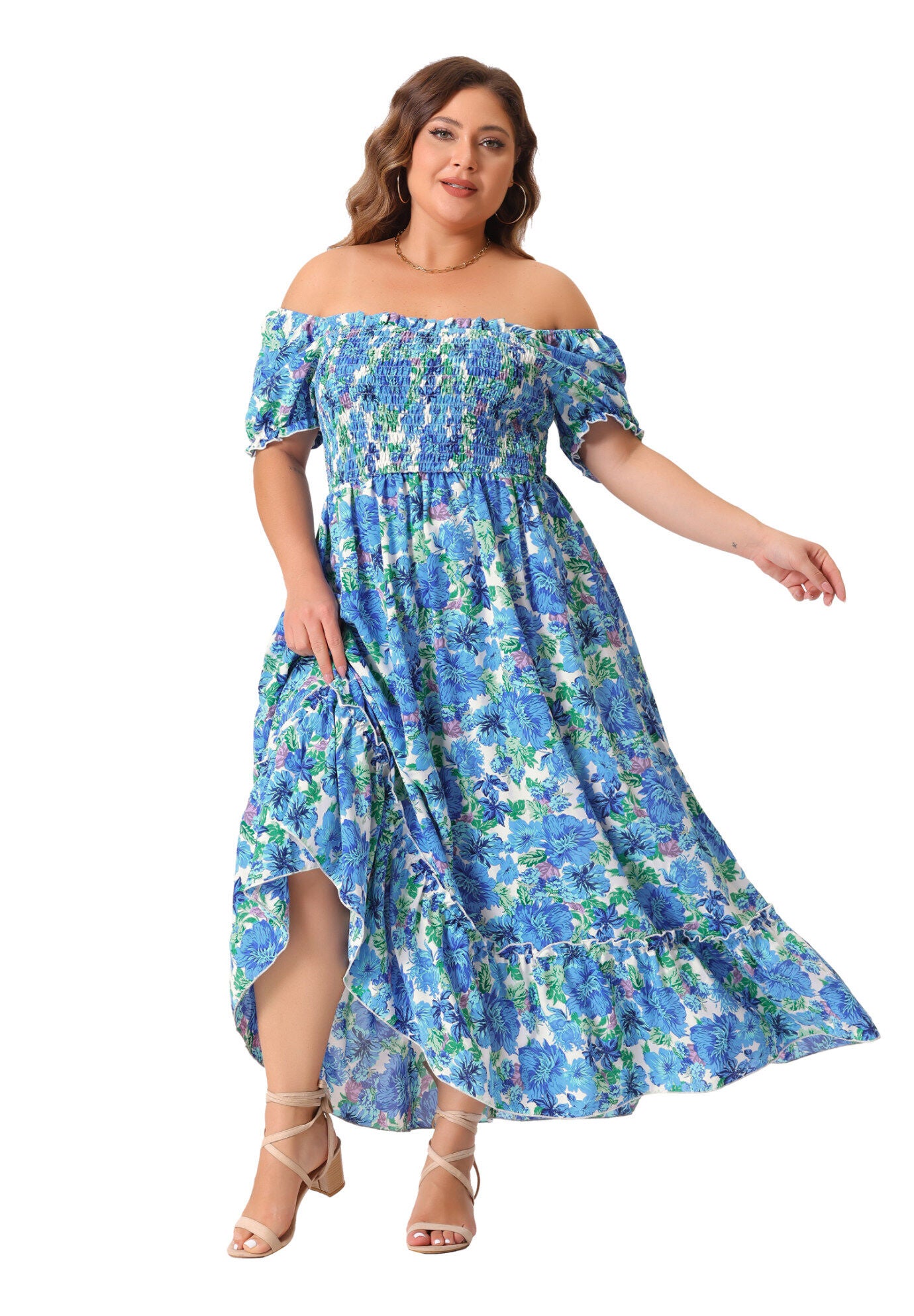 Short Sleeve Shirred Square Neck Floral Maxi Dress, Blue / Light Blue, hi-res image number 0