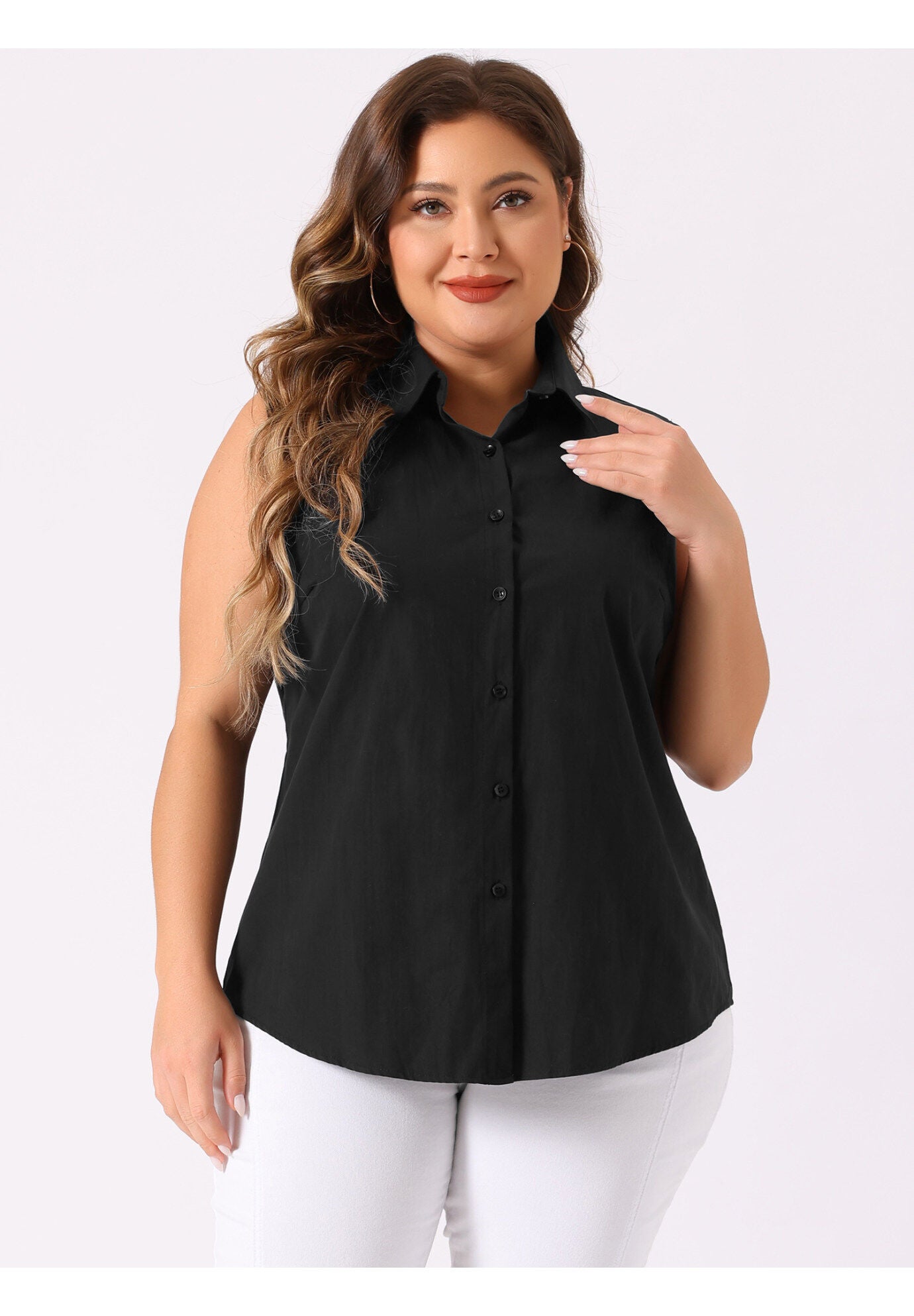 SLEEVELESS TOP SUMMER CASUAL BUTTON DOWN TANK SHIRT, Dark Black / Black, alternate image number 1