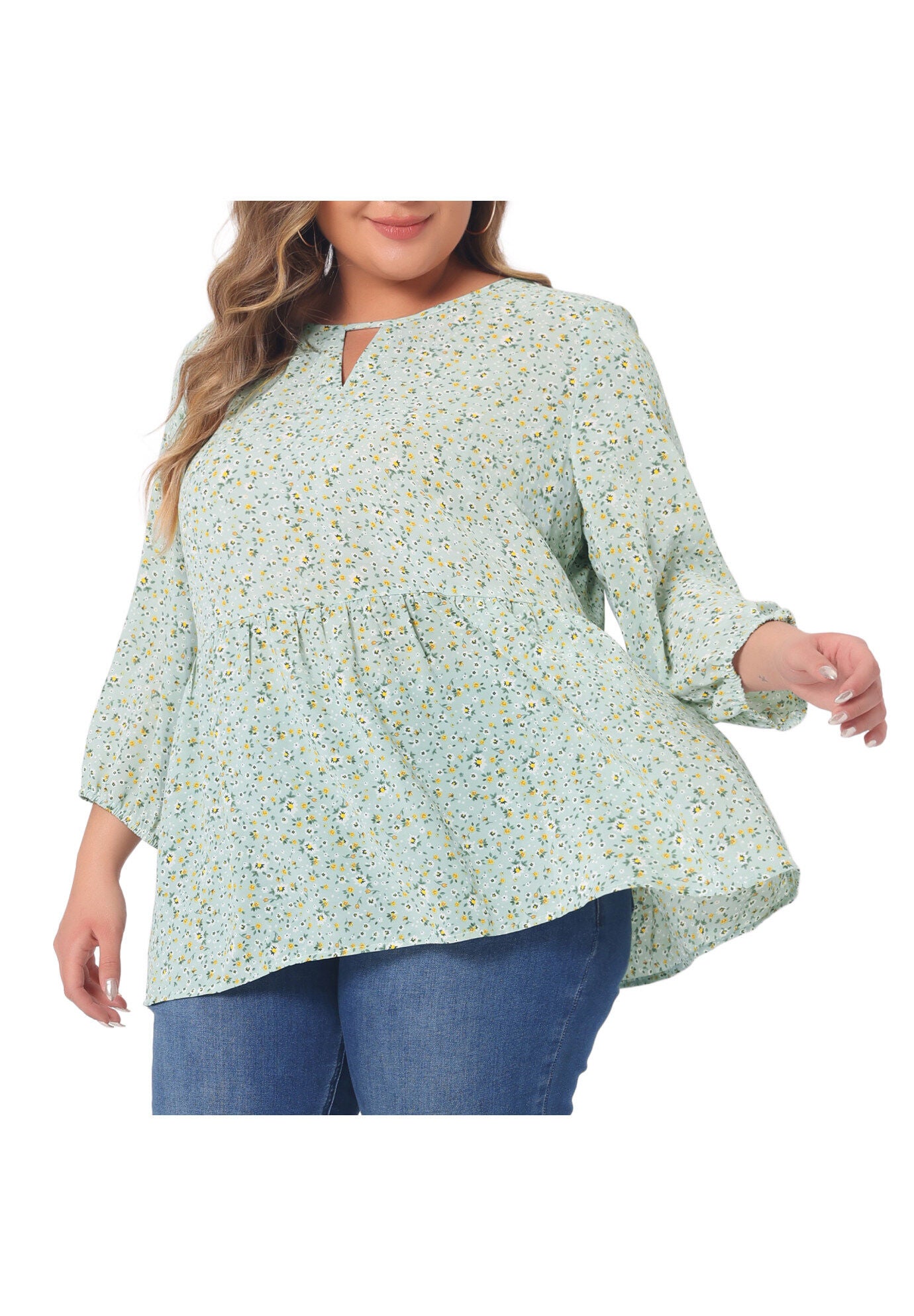 3/4 Sleeves Babydoll Chiffon Keyhole Floral Flowy Top Blouse, Light Green / Light Green, alternate image number 2