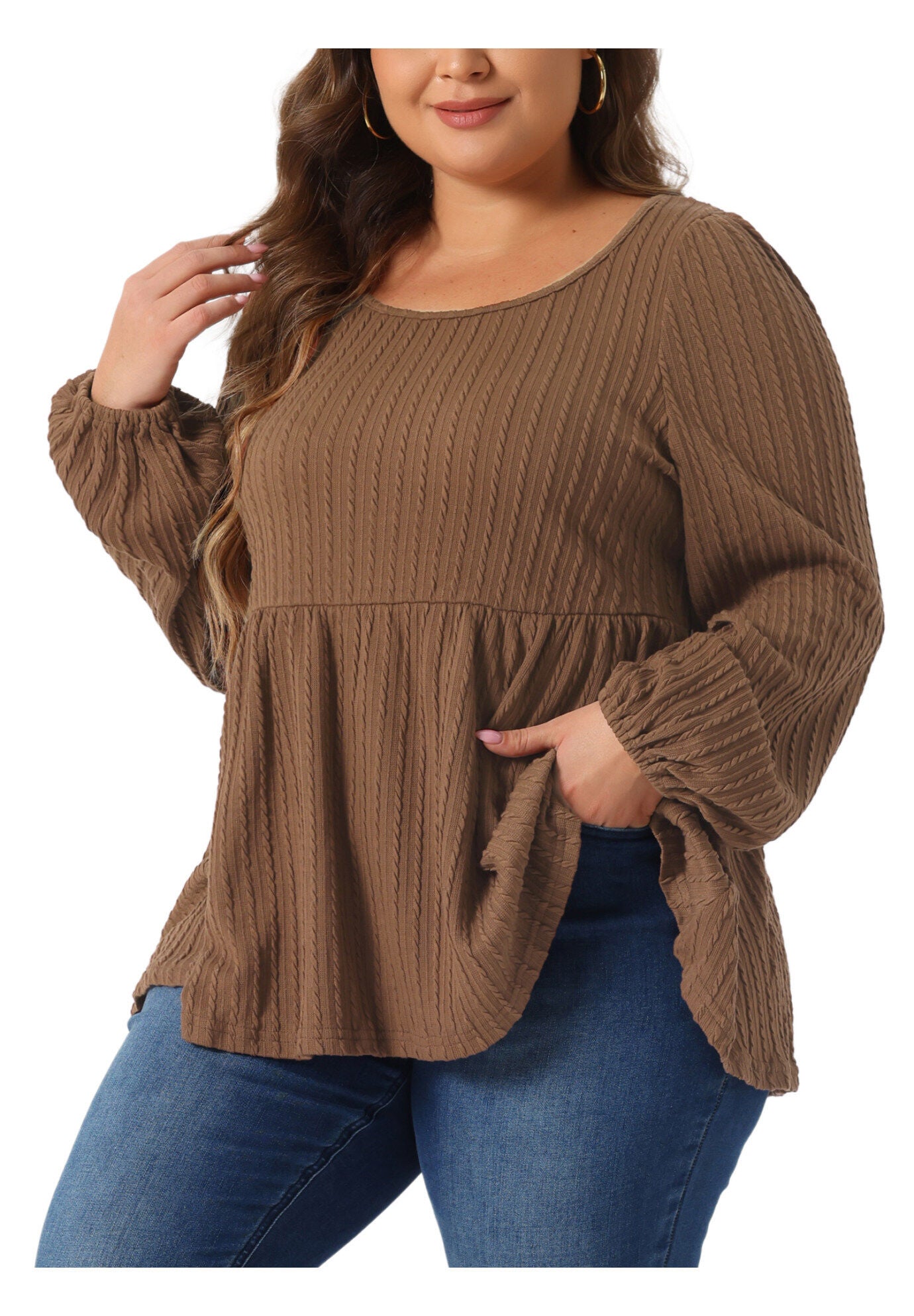 Scoop Neck Long Sleeve Ruffle Hem Peplum Knit Blouse, Brown / Brown, alternate image number 2