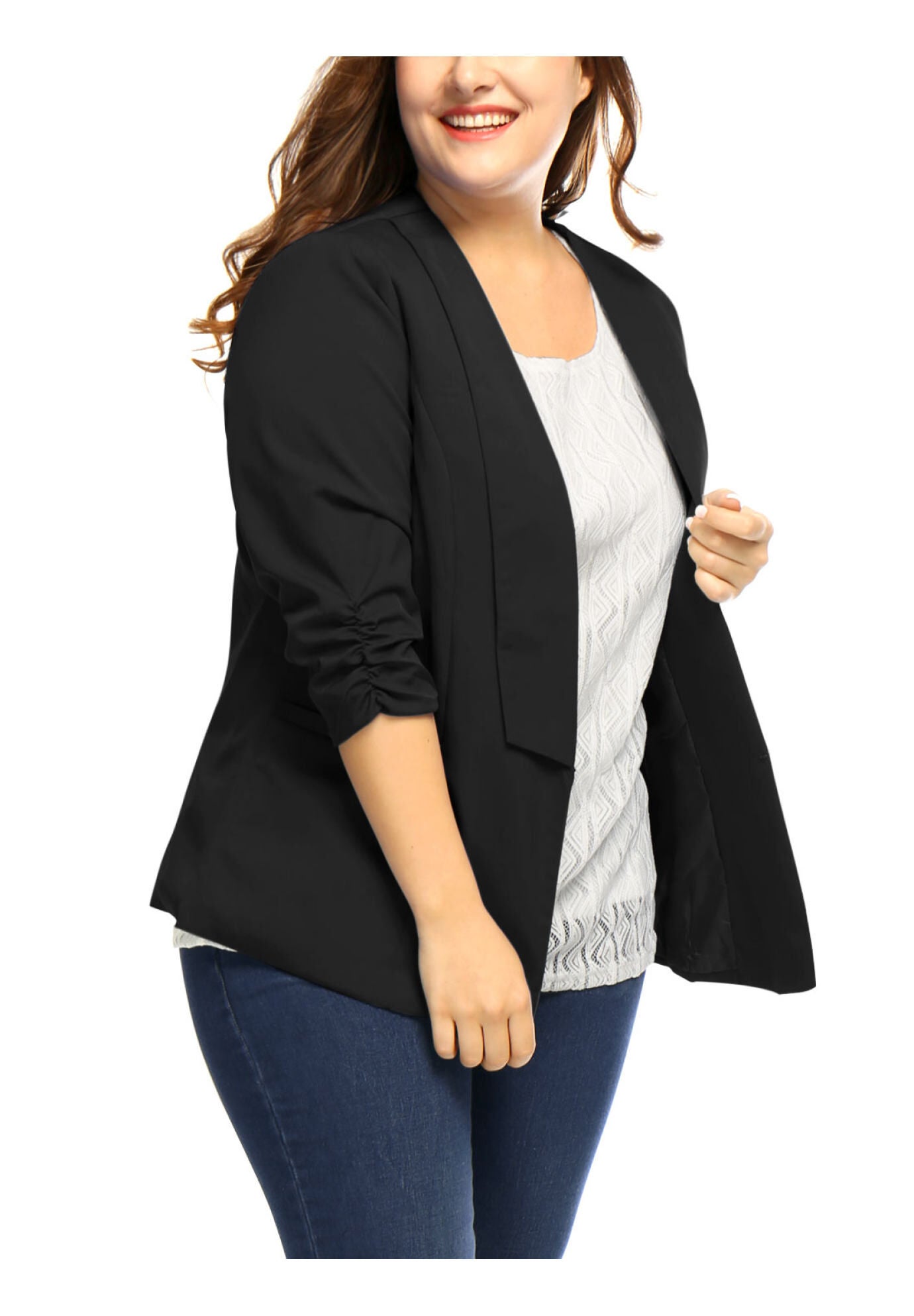 OPEN FRONT 3/4 RUCHED SLEEVE LIGHTWEIGHT BLAZER, Black / Black, alternate image number 1