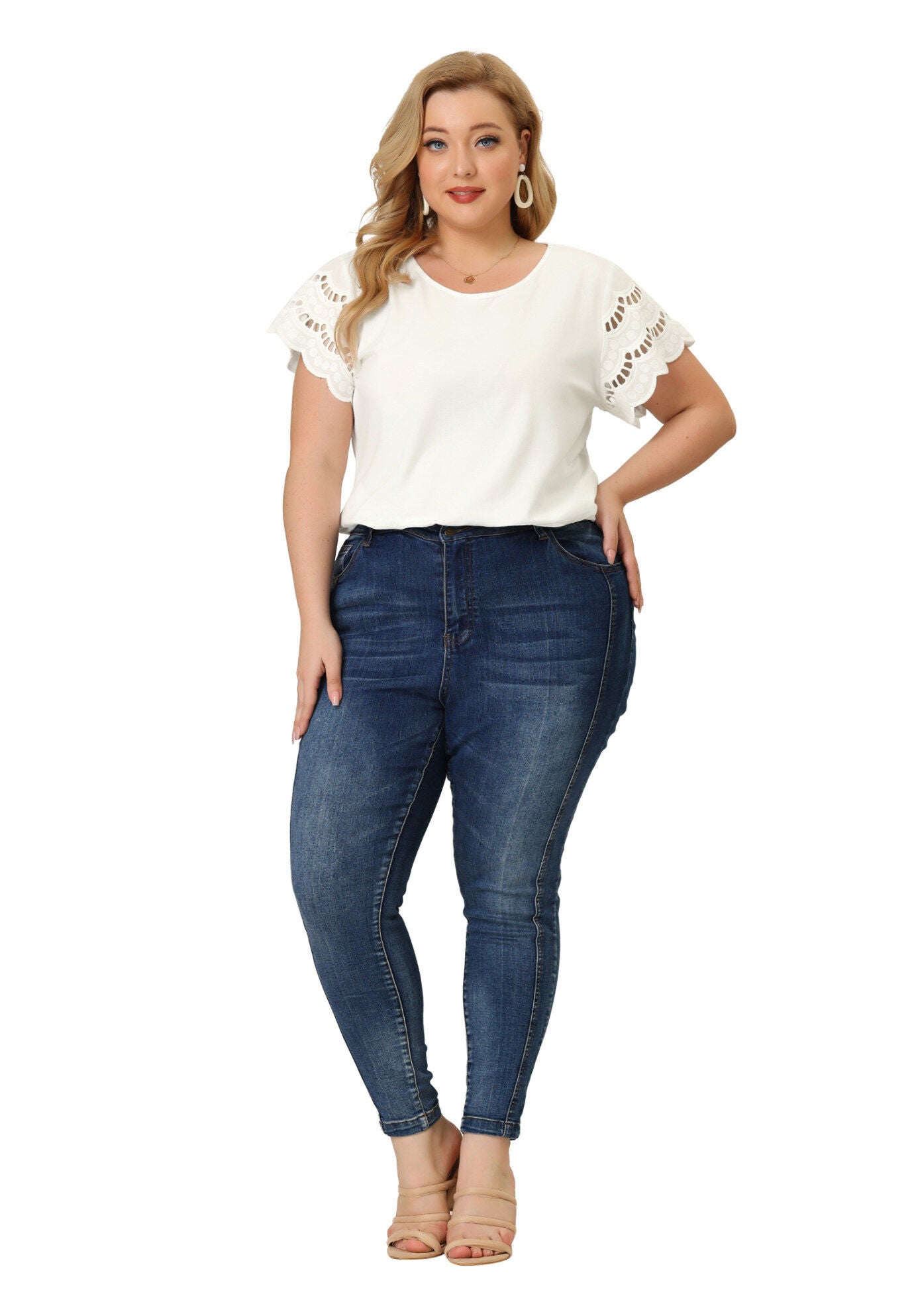 Lace Panel Hollow Short Sleeve Summer Blouse, White / White, hi-res image number 0