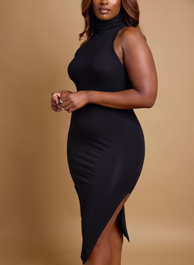ELENA TURTLENECK BODYCON MIDI DRESS, Black / Black, alternate image number 4