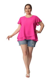Summer Top Ruffle Short Sleeve V Neck Double Layered Hem Chiffon Blouse
