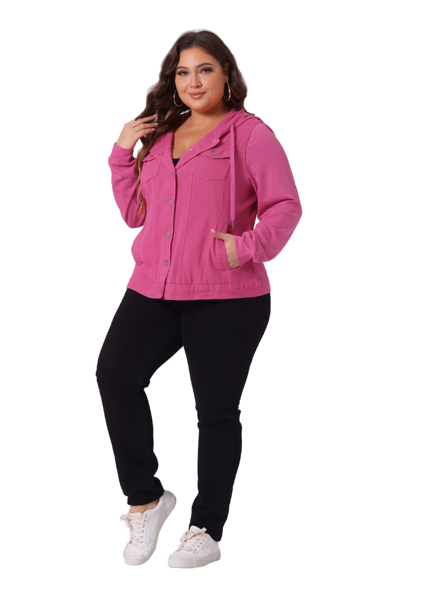 LAYERED DRAWSTRING HOODIE DENIM JEAN JACKET, Hot Pink / Pink, hi-res image number 0