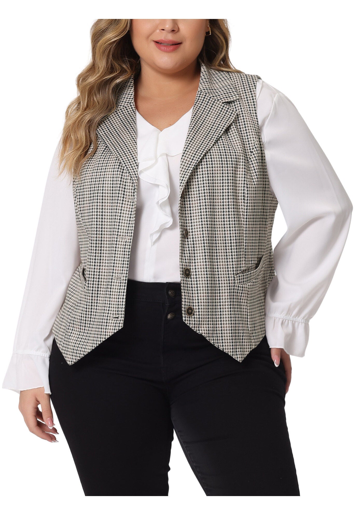 VINTAGE BUTTON STEAMPUNK PLAID WAISTCOAT VEST, Black Brown / Taupe, alternate image number 1