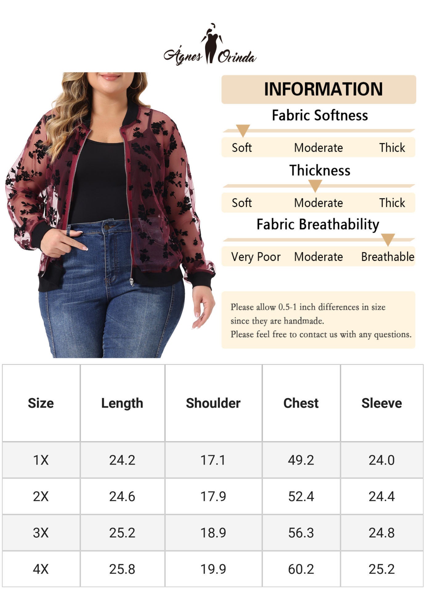 SHEER FLORAL LACE LONG SLEEVE BASEBALL JACKET, Burgundy / Red, alternate image number 4