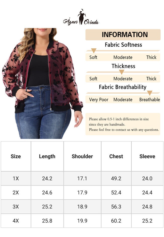 SHEER FLORAL LACE LONG SLEEVE BASEBALL JACKET, Burgundy / Red, alternate image number 4